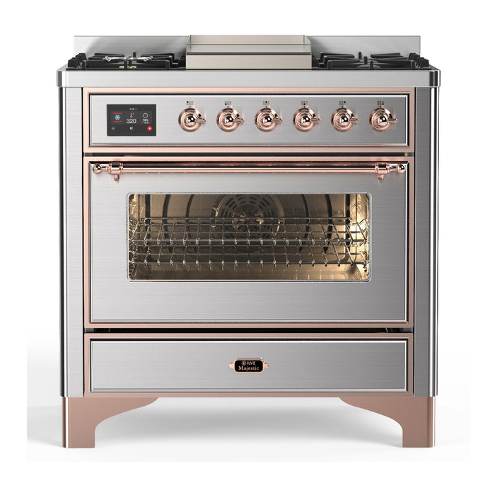 ILVE UM36F Majestic III 36 inch Dual Fuel Range with 6 Black Brass Burners, Griddle (UM36FNR3)