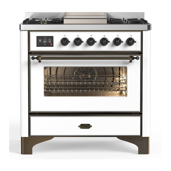 ILVE UM36F Majestic III 36 inch Dual Fuel Range with 6 Black Brass Burners, Griddle (UM36FNR3)