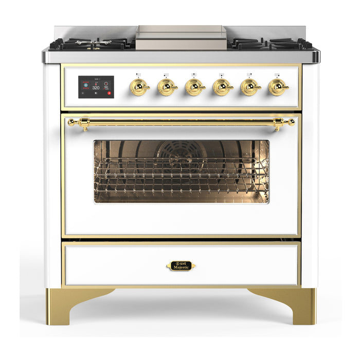 ILVE UM36F Majestic III 36 inch Dual Fuel Range with 6 Black Brass Burners, Griddle (UM36FNR3)