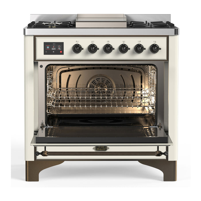 ILVE UM36F Majestic III 36 inch Dual Fuel Range with 6 Black Brass Burners, Griddle (UM36FQNR3)