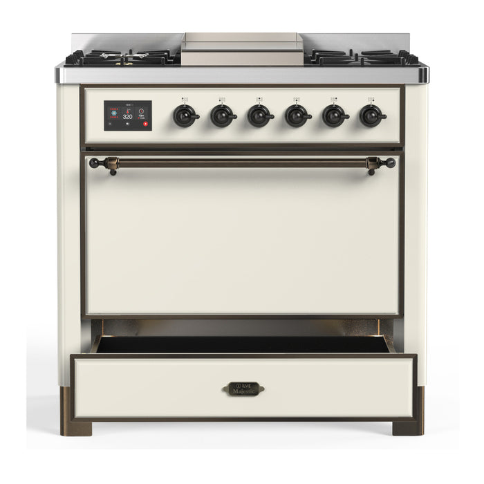 ILVE UM36F Majestic III 36 inch Dual Fuel Range with 6 Black Brass Burners, Griddle (UM36FQNR3)
