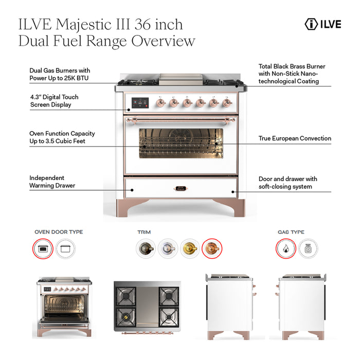 ILVE UM36F Majestic III 36 inch Dual Fuel Range with 6 Black Brass Burners, Griddle (UM36FQNR3)