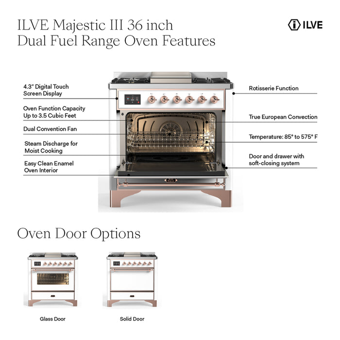 ILVE UM36F Majestic III 36 inch Dual Fuel Range with 6 Black Brass Burners, Griddle (UM36FQNR3)