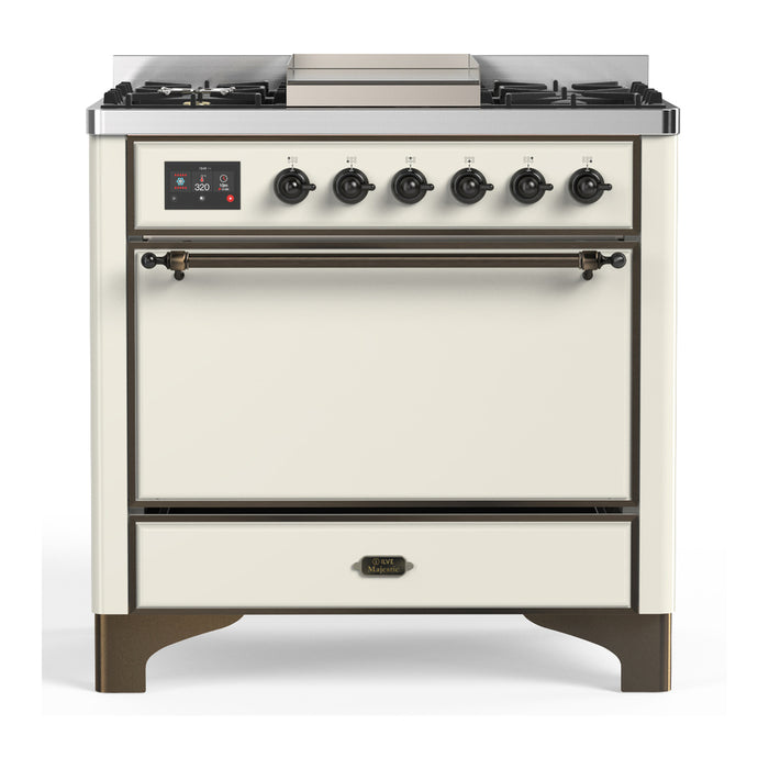 ILVE UM36F Majestic III 36 inch Dual Fuel Range with 6 Black Brass Burners, Griddle (UM36FQNR3)
