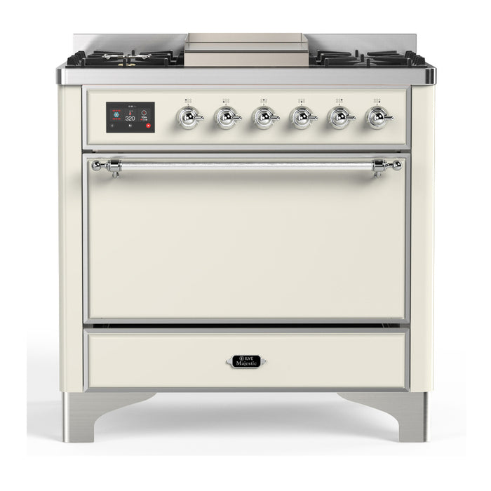 ILVE UM36F Majestic III 36 inch Dual Fuel Range with 6 Black Brass Burners, Griddle (UM36FQNR3)