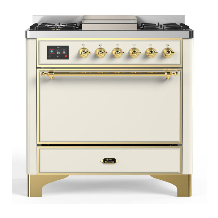 ILVE UM36F Majestic III 36 inch Dual Fuel Range with 6 Black Brass Burners, Griddle (UM36FQNR3)
