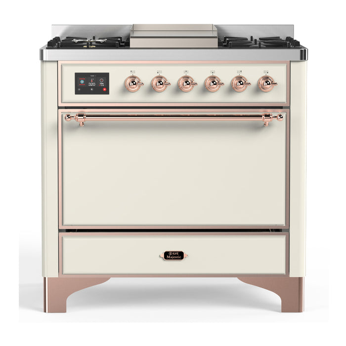 ILVE UM36F Majestic III 36 inch Dual Fuel Range with 6 Black Brass Burners, Griddle (UM36FQNR3)