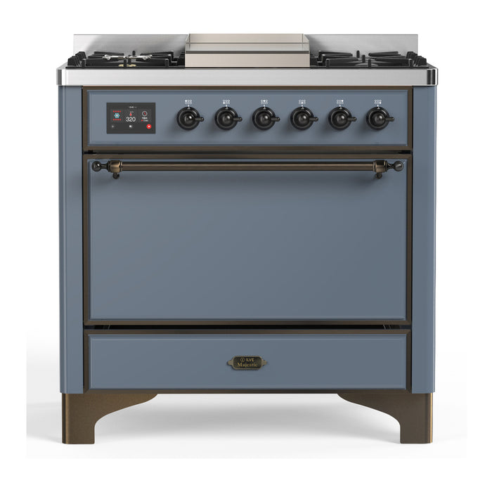 ILVE UM36F Majestic III 36 inch Dual Fuel Range with 6 Black Brass Burners, Griddle (UM36FQNR3)