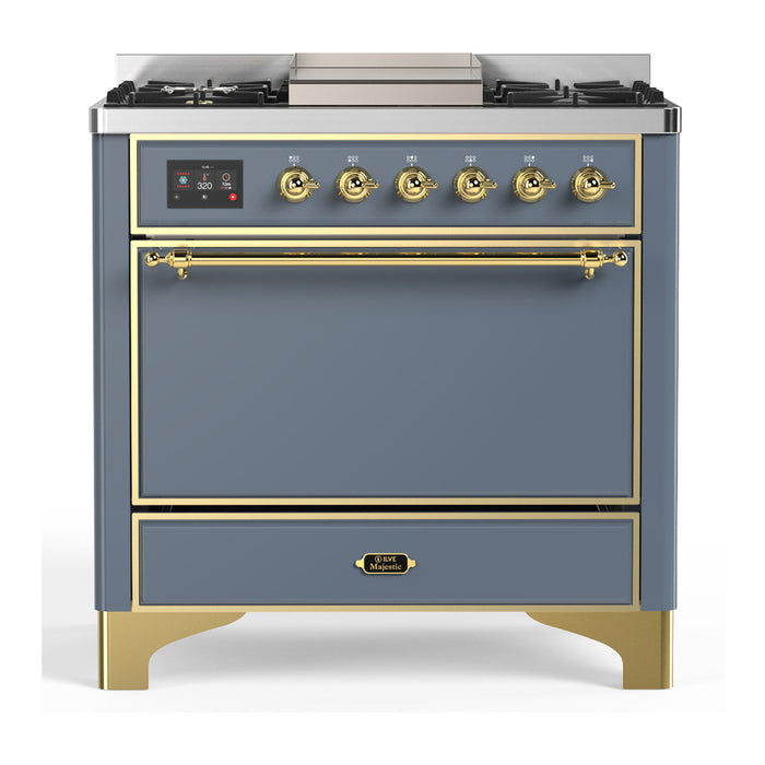 ILVE UM36F Majestic III 36 inch Dual Fuel Range with 6 Black Brass Burners, Griddle (UM36FQNR3)