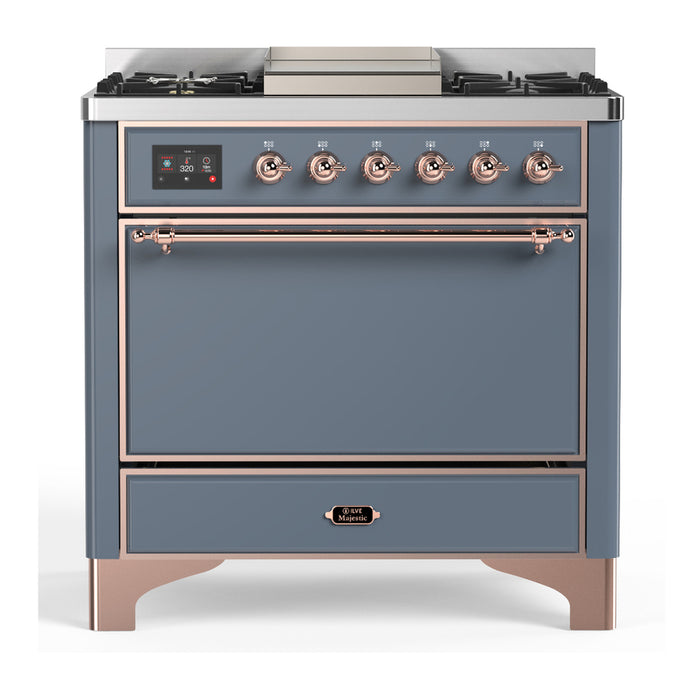 ILVE UM36F Majestic III 36 inch Dual Fuel Range with 6 Black Brass Burners, Griddle (UM36FQNR3)