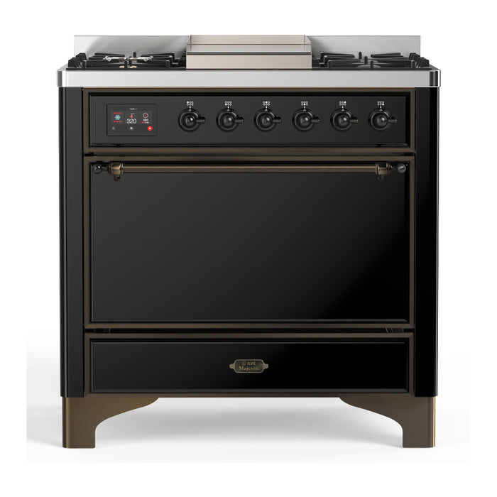 ILVE UM36F Majestic III 36 inch Dual Fuel Range with 6 Black Brass Burners, Griddle (UM36FQNR3)