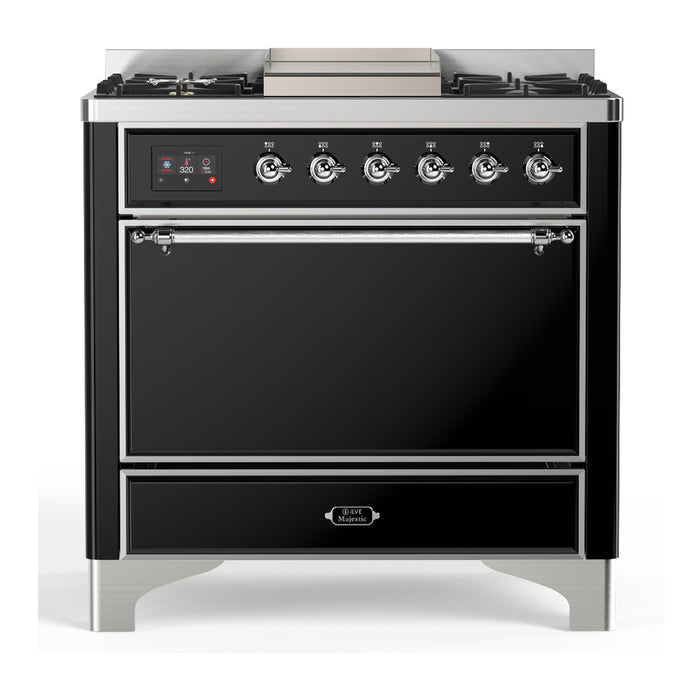 ILVE UM36F Majestic III 36 inch Dual Fuel Range with 6 Black Brass Burners, Griddle (UM36FQNR3)
