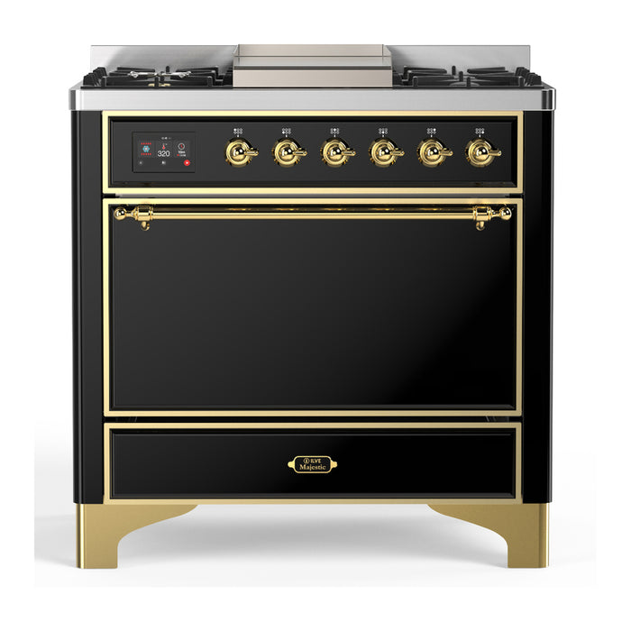 ILVE UM36F Majestic III 36 inch Dual Fuel Range with 6 Black Brass Burners, Griddle (UM36FQNR3)