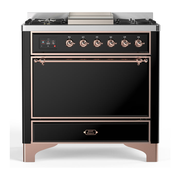 ILVE UM36F Majestic III 36 inch Dual Fuel Range with 6 Black Brass Burners, Griddle (UM36FQNR3)