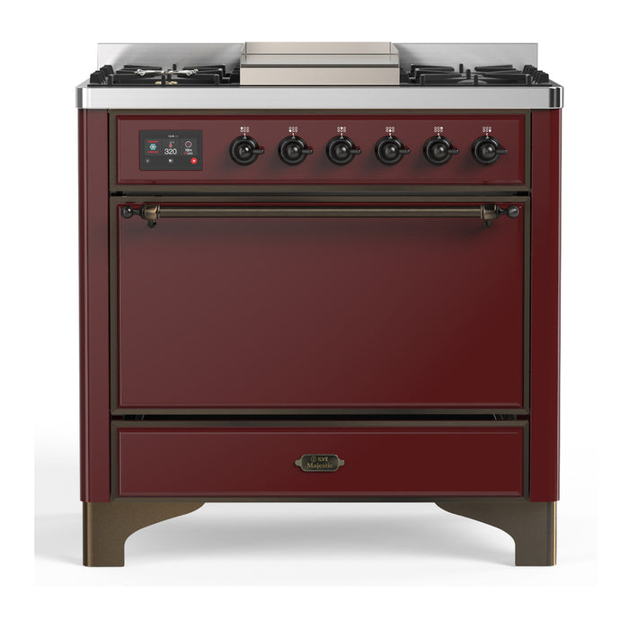 ILVE UM36F Majestic III 36 inch Dual Fuel Range with 6 Black Brass Burners, Griddle (UM36FQNR3)