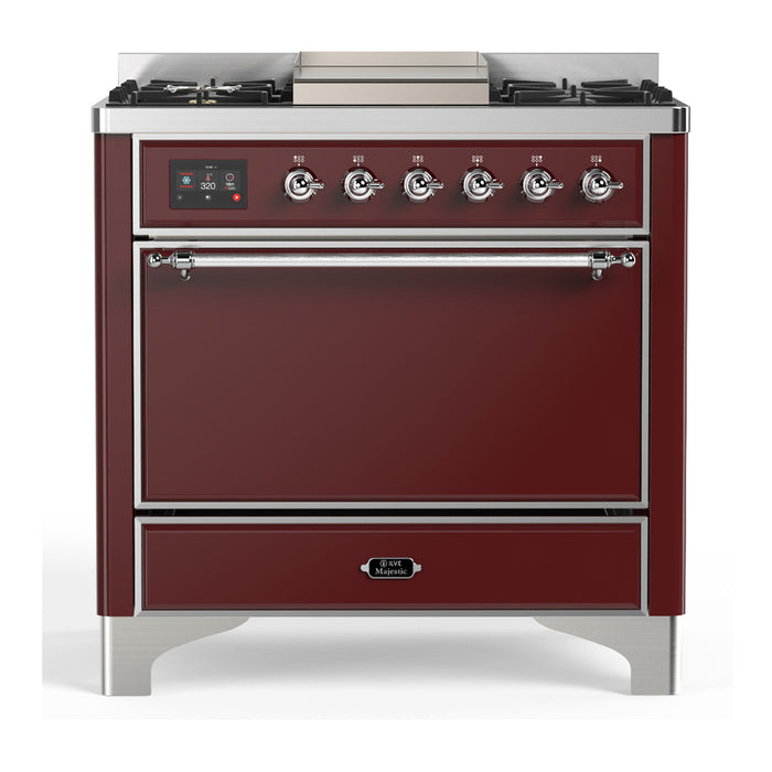 ILVE UM36F Majestic III 36 inch Dual Fuel Range with 6 Black Brass Burners, Griddle (UM36FQNR3)