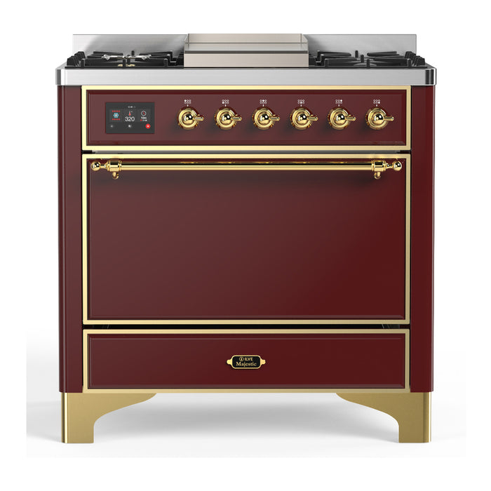 ILVE UM36F Majestic III 36 inch Dual Fuel Range with 6 Black Brass Burners, Griddle (UM36FQNR3)