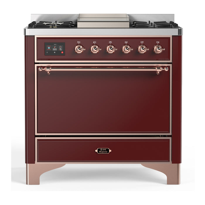 ILVE UM36F Majestic III 36 inch Dual Fuel Range with 6 Black Brass Burners, Griddle (UM36FQNR3)