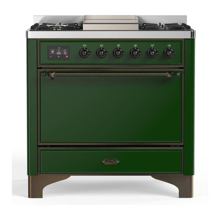 ILVE UM36F Majestic III 36 inch Dual Fuel Range with 6 Black Brass Burners, Griddle (UM36FQNR3)