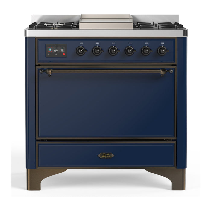 ILVE UM36F Majestic III 36 inch Dual Fuel Range with 6 Black Brass Burners, Griddle (UM36FQNR3)