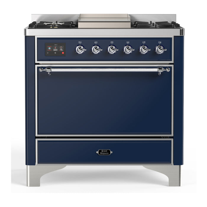 ILVE UM36F Majestic III 36 inch Dual Fuel Range with 6 Black Brass Burners, Griddle (UM36FQNR3)