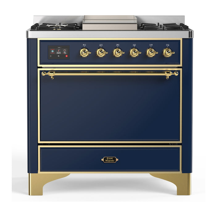 ILVE UM36F Majestic III 36 inch Dual Fuel Range with 6 Black Brass Burners, Griddle (UM36FQNR3)