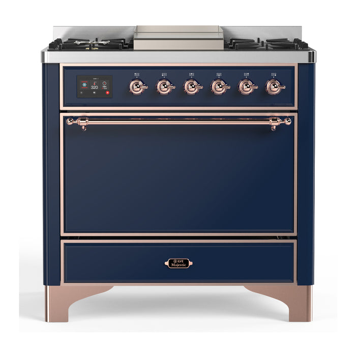 ILVE UM36F Majestic III 36 inch Dual Fuel Range with 6 Black Brass Burners, Griddle (UM36FQNR3)