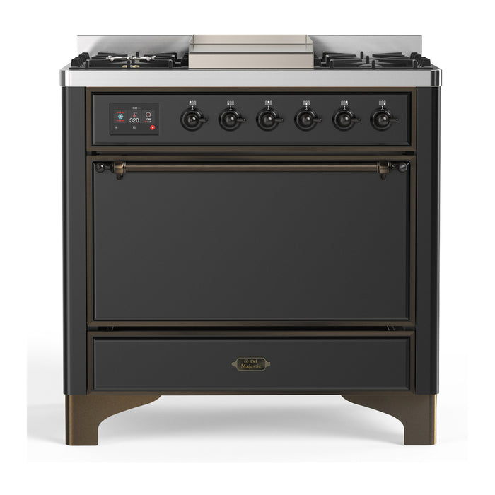ILVE UM36F Majestic III 36 inch Dual Fuel Range with 6 Black Brass Burners, Griddle (UM36FQNR3)