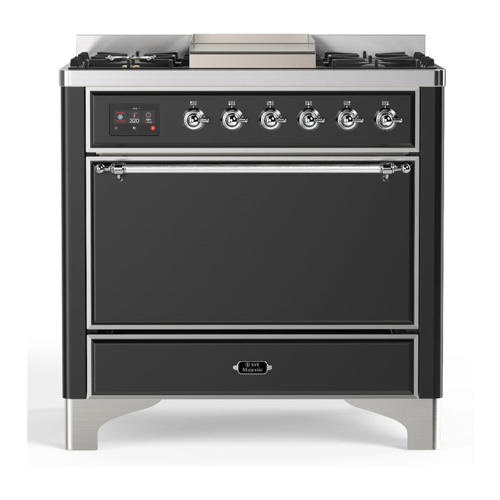 ILVE UM36F Majestic III 36 inch Dual Fuel Range with 6 Black Brass Burners, Griddle (UM36FQNR3)