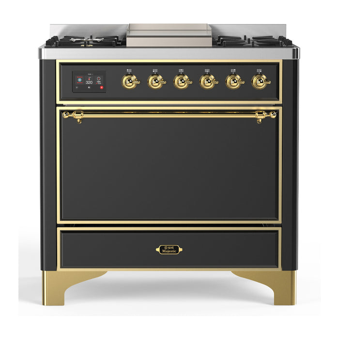 ILVE UM36F Majestic III 36 inch Dual Fuel Range with 6 Black Brass Burners, Griddle (UM36FQNR3)