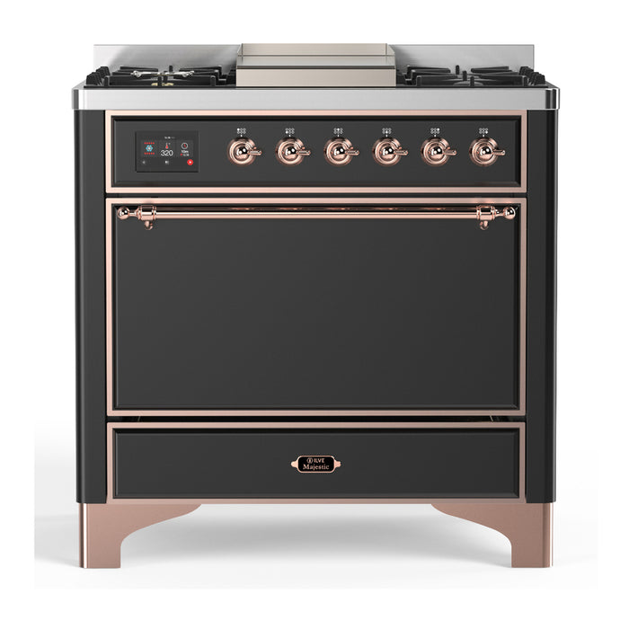 ILVE UM36F Majestic III 36 inch Dual Fuel Range with 6 Black Brass Burners, Griddle (UM36FQNR3)