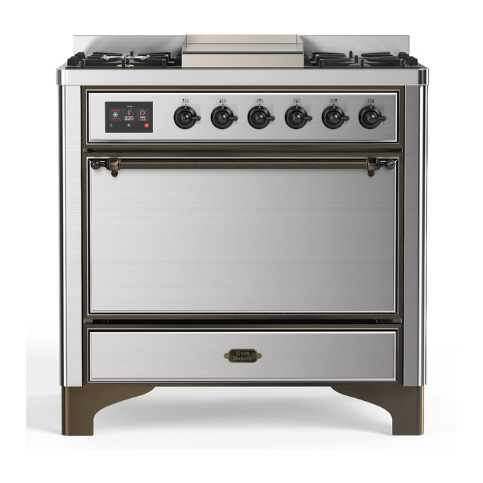ILVE UM36F Majestic III 36 inch Dual Fuel Range with 6 Black Brass Burners, Griddle (UM36FQNR3)