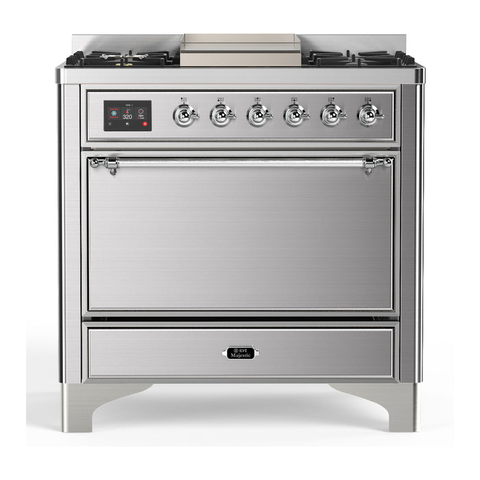 ILVE UM36F Majestic III 36 inch Dual Fuel Range with 6 Black Brass Burners, Griddle (UM36FQNR3)