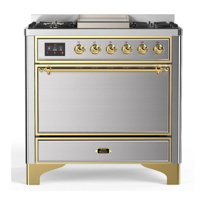 ILVE UM36F Majestic III 36 inch Dual Fuel Range with 6 Black Brass Burners, Griddle (UM36FQNR3)