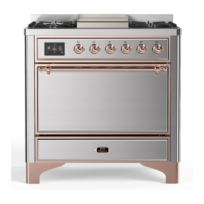 ILVE UM36F Majestic III 36 inch Dual Fuel Range with 6 Black Brass Burners, Griddle (UM36FQNR3)