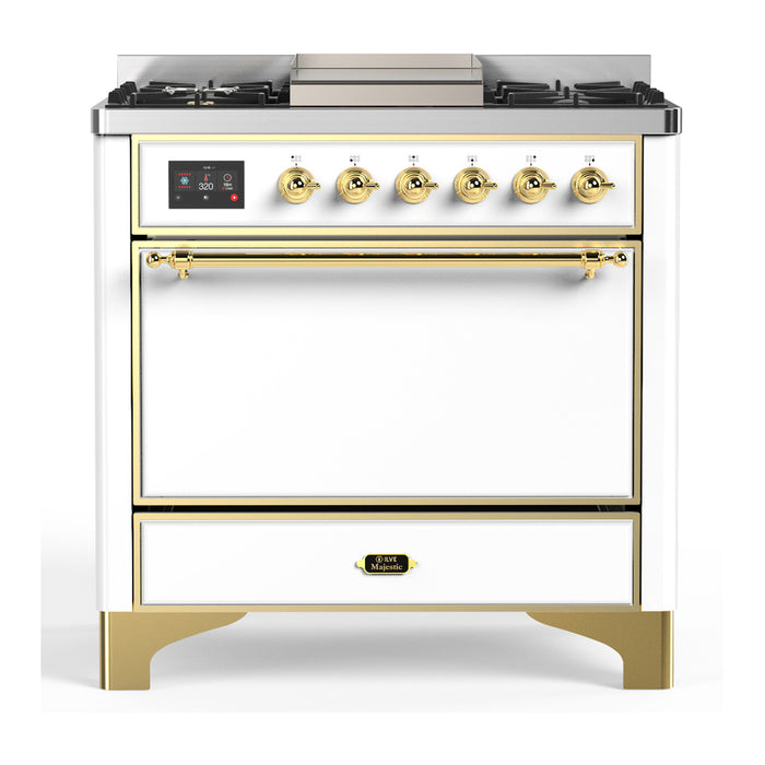 ILVE UM36F Majestic III 36 inch Dual Fuel Range with 6 Black Brass Burners, Griddle (UM36FQNR3)