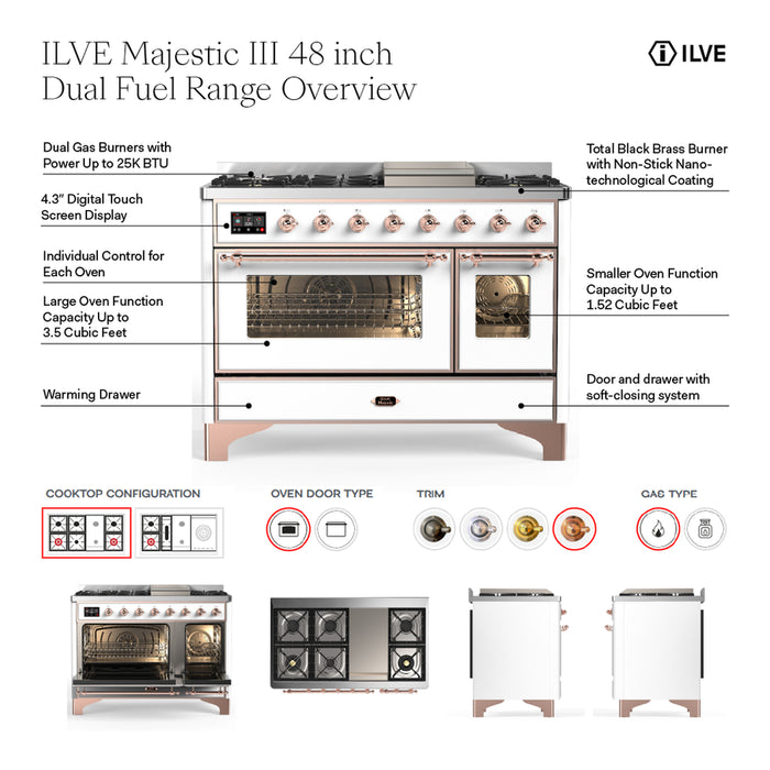 ILVE UM48F Majestic III 48 inch Dual Fuel Range with 8 Burners, Griddle (UM48FQNR3)