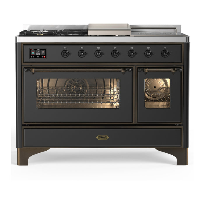 ILVE UM48FS Majestic III 48 inch Dual Fuel Range with 5 Black Brass Burners, Griddle and French Top (UM48FSNR3)