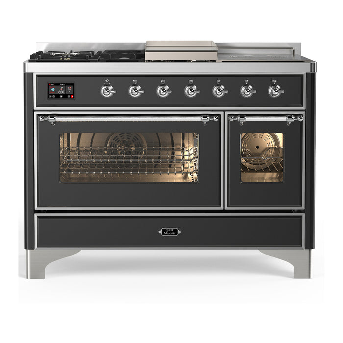 ILVE UM48FS Majestic III 48 inch Dual Fuel Range with 5 Black Brass Burners, Griddle and French Top (UM48FSNR3)