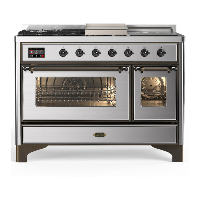 ILVE UM48FS Majestic III 48 inch Dual Fuel Range with 5 Black Brass Burners, Griddle and French Top (UM48FSNR3)