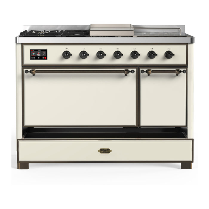 ILVE UM48FS Majestic III 48 inch Dual Fuel Range with 5 Black Brass Burners, Griddle and French Top (UM48FSQNR3)