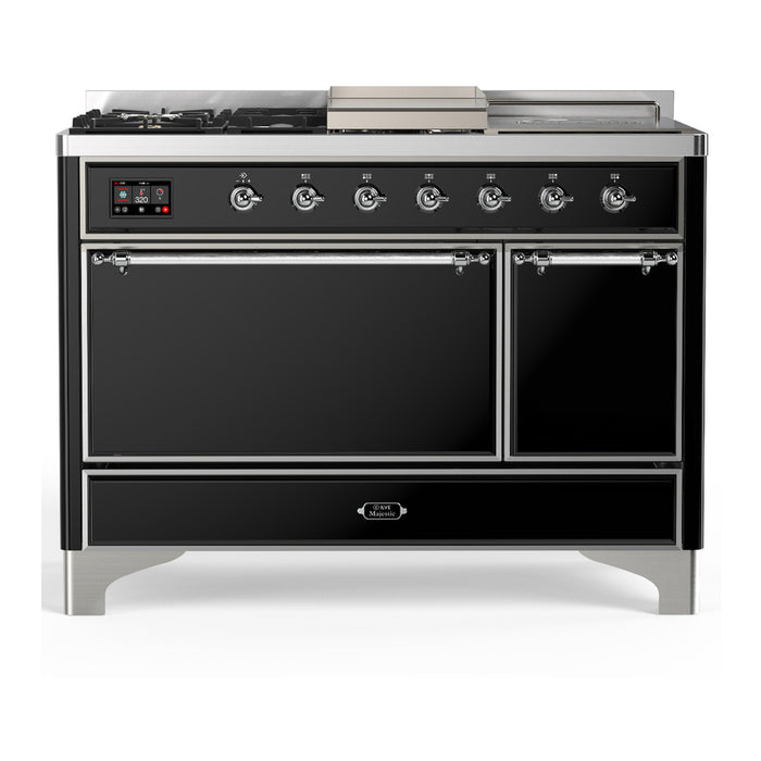 ILVE UM48FS Majestic III 48 inch Dual Fuel Range with 5 Black Brass Burners, Griddle and French Top (UM48FSQNR3)