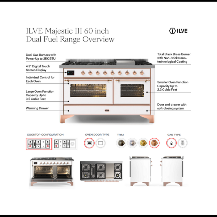 ILVE UM60F Majestic III 60 inch Dual Fuel Range with 9 Burners, Griddle (UM60FNR3)