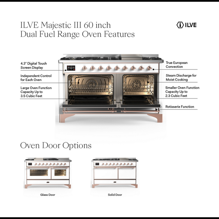 ILVE UM60F Majestic III 60 inch Dual Fuel Range with 9 Burners, Griddle (UM60FQNR3)