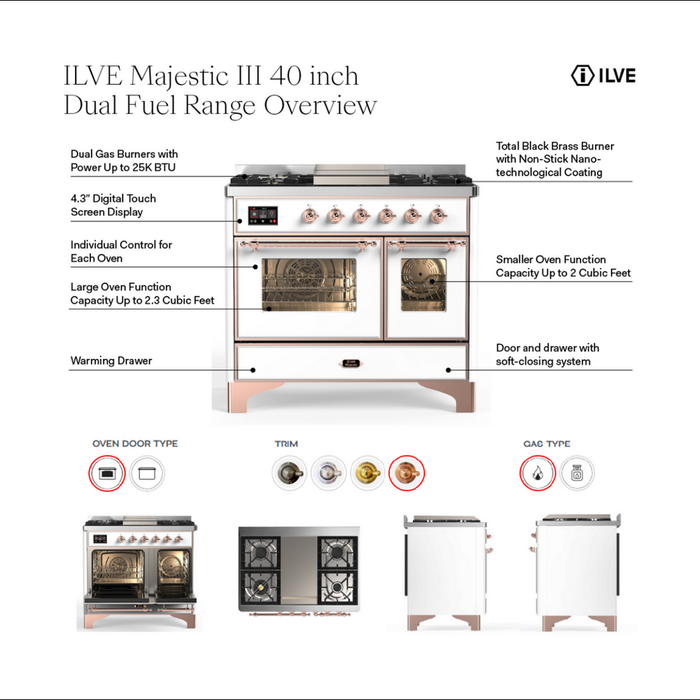 ILVE UMD40F Majestic III 40 inch Dual Fuel Range with 6 Burners, Griddle (UMD40FQNR3)