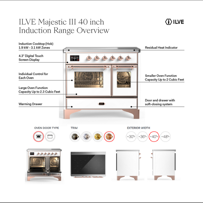 ILVE UMDIB40N Majestic III 40 inch Induction Range with 6 Elements, Booster Function, Bridge Control, Residual Heat Indicator (UMDIB40NR3)