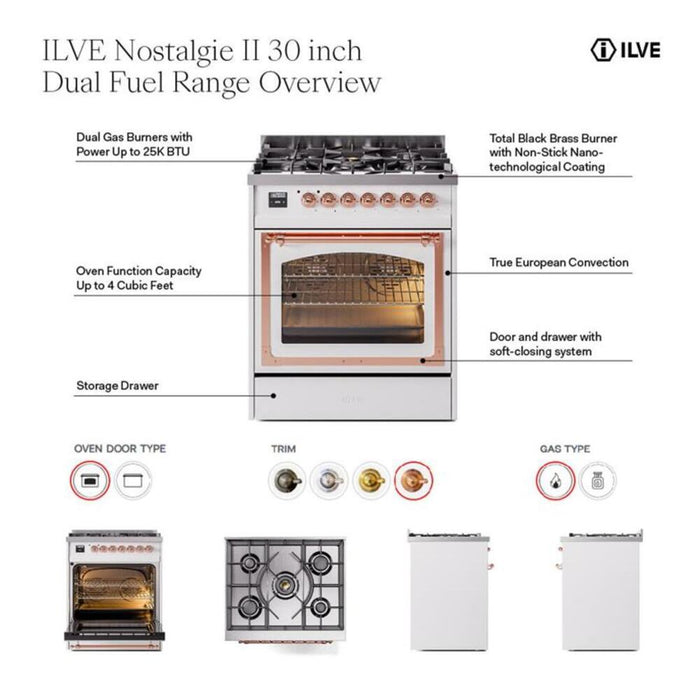 ILVE Nostalgie II Noblesse 30″ Dual Fuel Range Triple Glass Door - UN30NMP