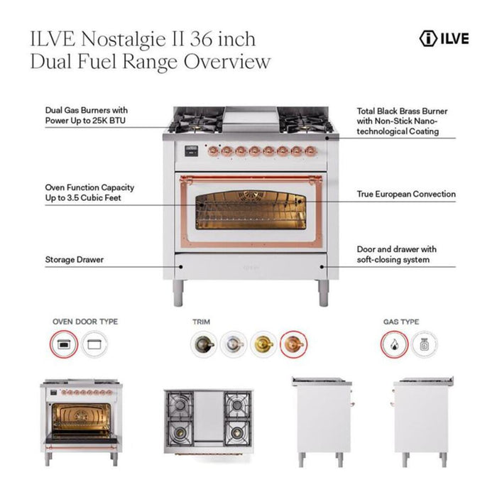 ILVE Nostalgie II Noblesse 36″ Dual Fuel Range Triple Glass Door - UN36FNMP