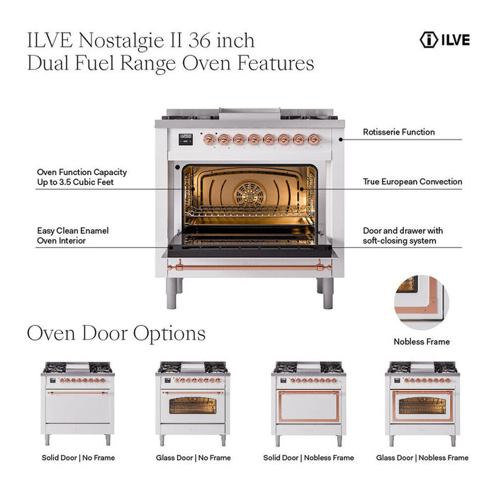 ILVE Nostalgie II Noblesse 36″ Dual Fuel Range Triple Glass Door - UN36FNMP