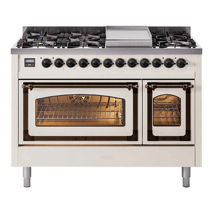 ILVE Nostalgie II Noblesse 48" Dual Fuel Freestanding Range 8 Sealed Burners + Griddle with Triple Glass Door - UN48FNMP